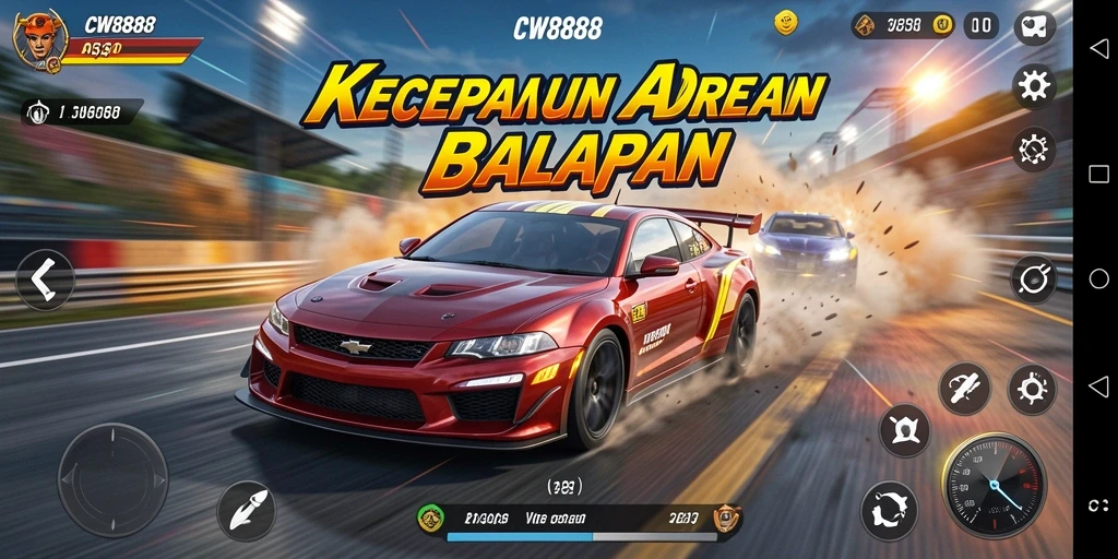 Screenshot utama CW8888 menampilkan aksi balapan yang mendebarkan.