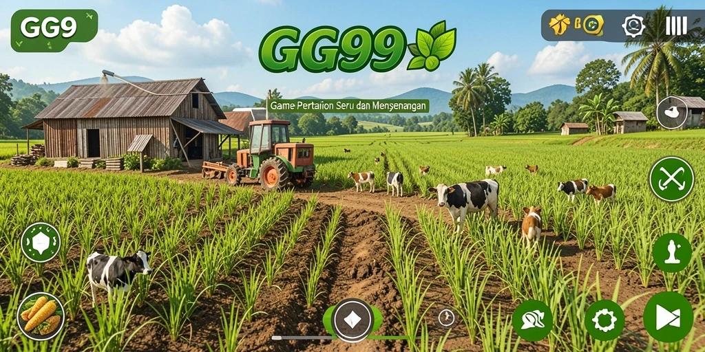 Tampilan gameplay GG99 dengan tampilan ladang yang subur dan hewan ternak.